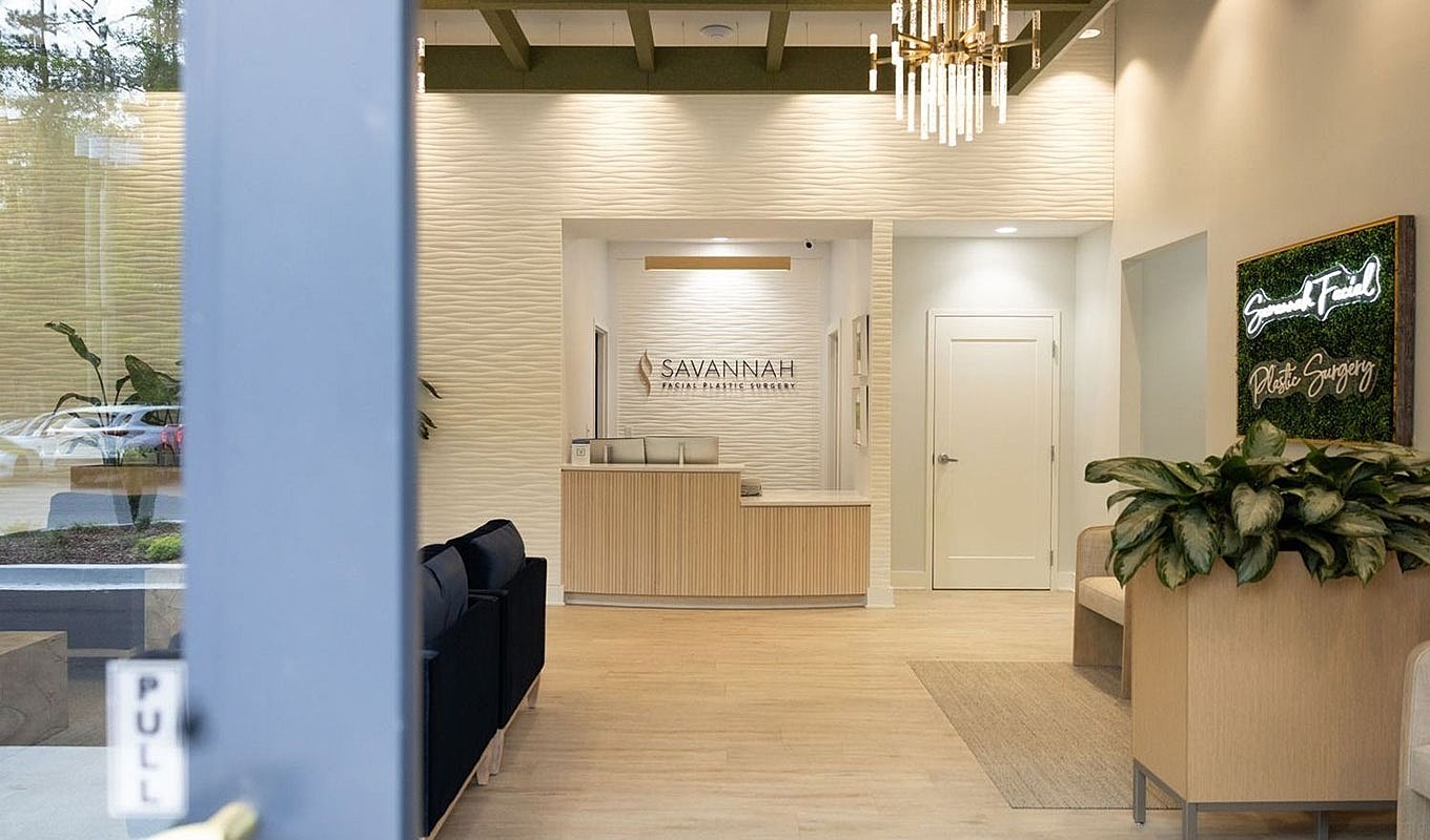 Modern reception area of plastic surgery clinic.